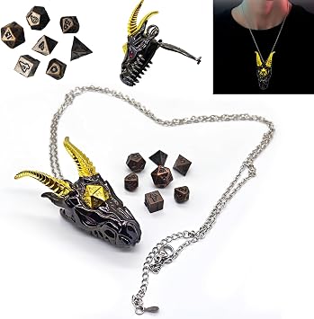 Dragon Necklace for DND Dice Set, Dragon Metallic D&D Dice with Gift Case for DND Game, RPG Role Playing Table Game Gifts Black Gold