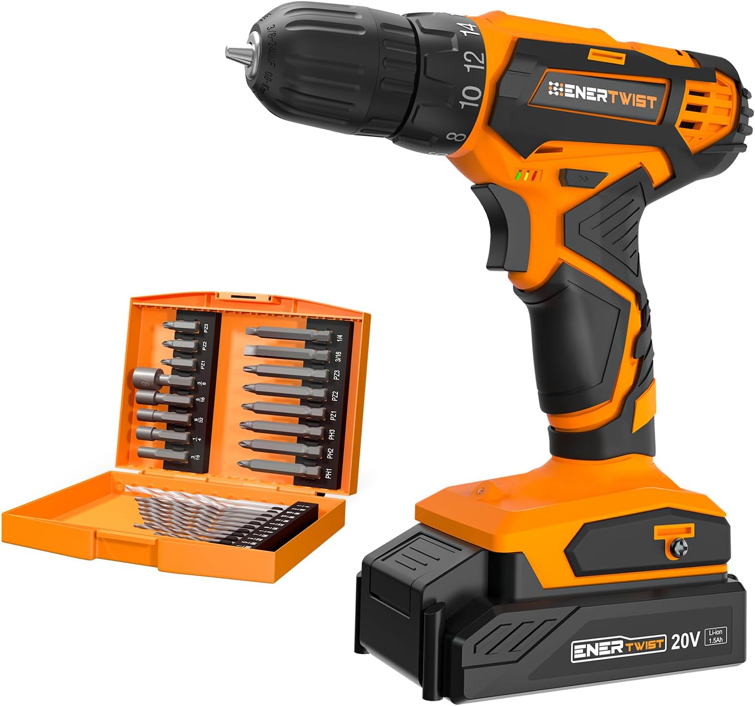 ENERTWIST20V Max Cordless Drill, 3/8 Inch Power Drill Set with Lithium Ion Battery and Charger, Variable Speed, 19 Positions and 28-Pieces Drill/Driver Accessories Kit, ET-CD-20