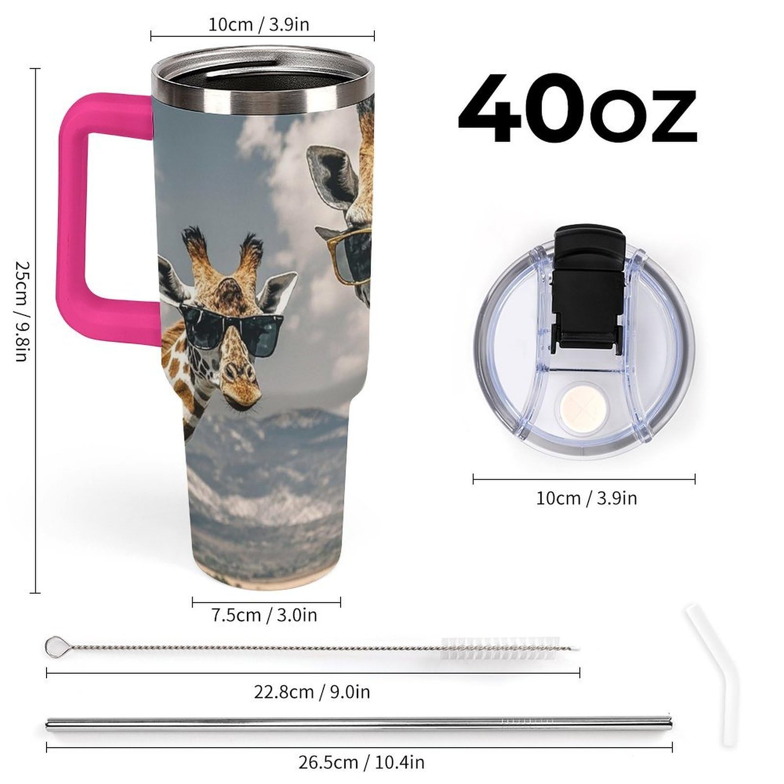 Autobecher aus 304 Edelstahl, Giraffen, mit Strohhalm und auslaufsicherem Deckel, großes Fassungsvermögen, vakuumisolierter Reisebecher für Auto-Becherhalter, 1,2 l