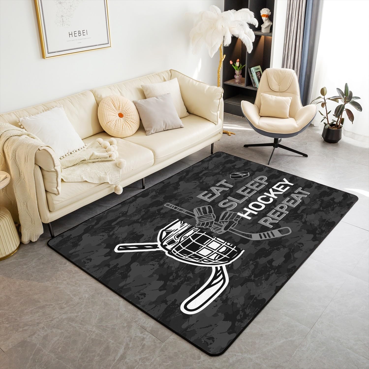 Feelyou Kids Ice Hockey Area Rug 3x5 Eat Sleep Hockey Living Room Rugs for Boys Girls Winter Sports Hobby Black Camo Decorative Carpet Women Men Indoor Floor Mat