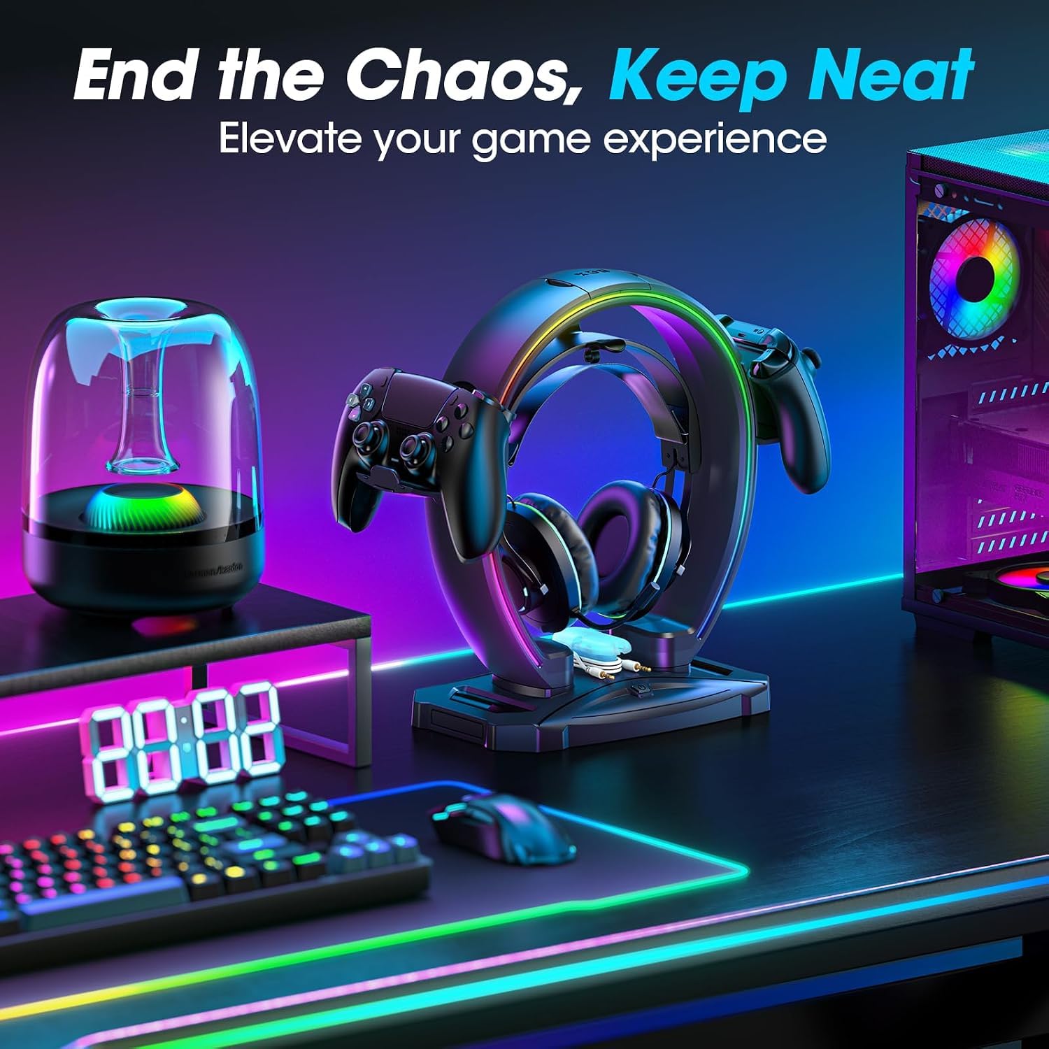 Supporto RGB per cuffie e controller con 9 modalità di illuminazione, gancio pieghevole per controller da scrivania, supporto per auricolari con organizer per cavi, per gamer, accessori