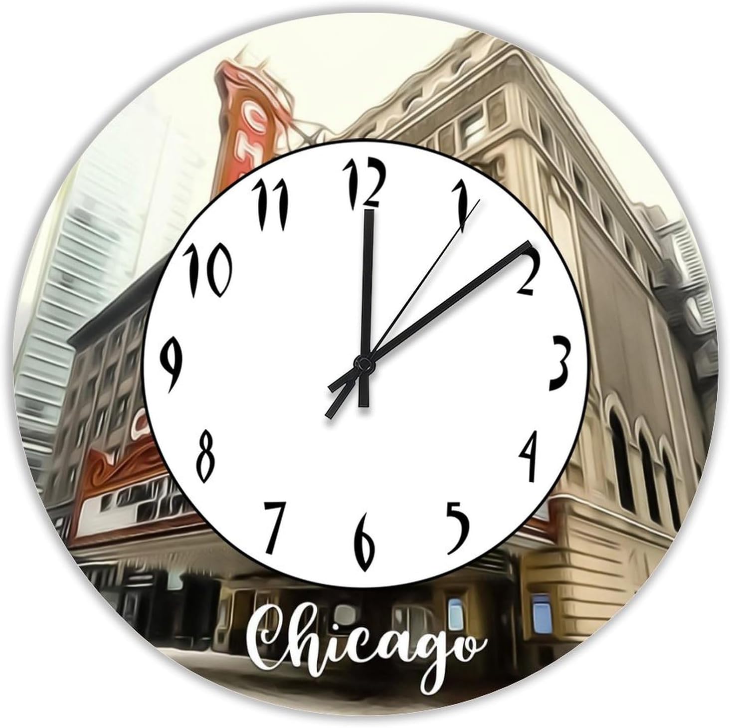 Chicago Decorative Wood Wall Clock for Kitchen Dining Room Home Decoration Chicago City Skyline Landscape Silent Non-Ticking Battery Operated Hanging Wooden Clock 15 Inch