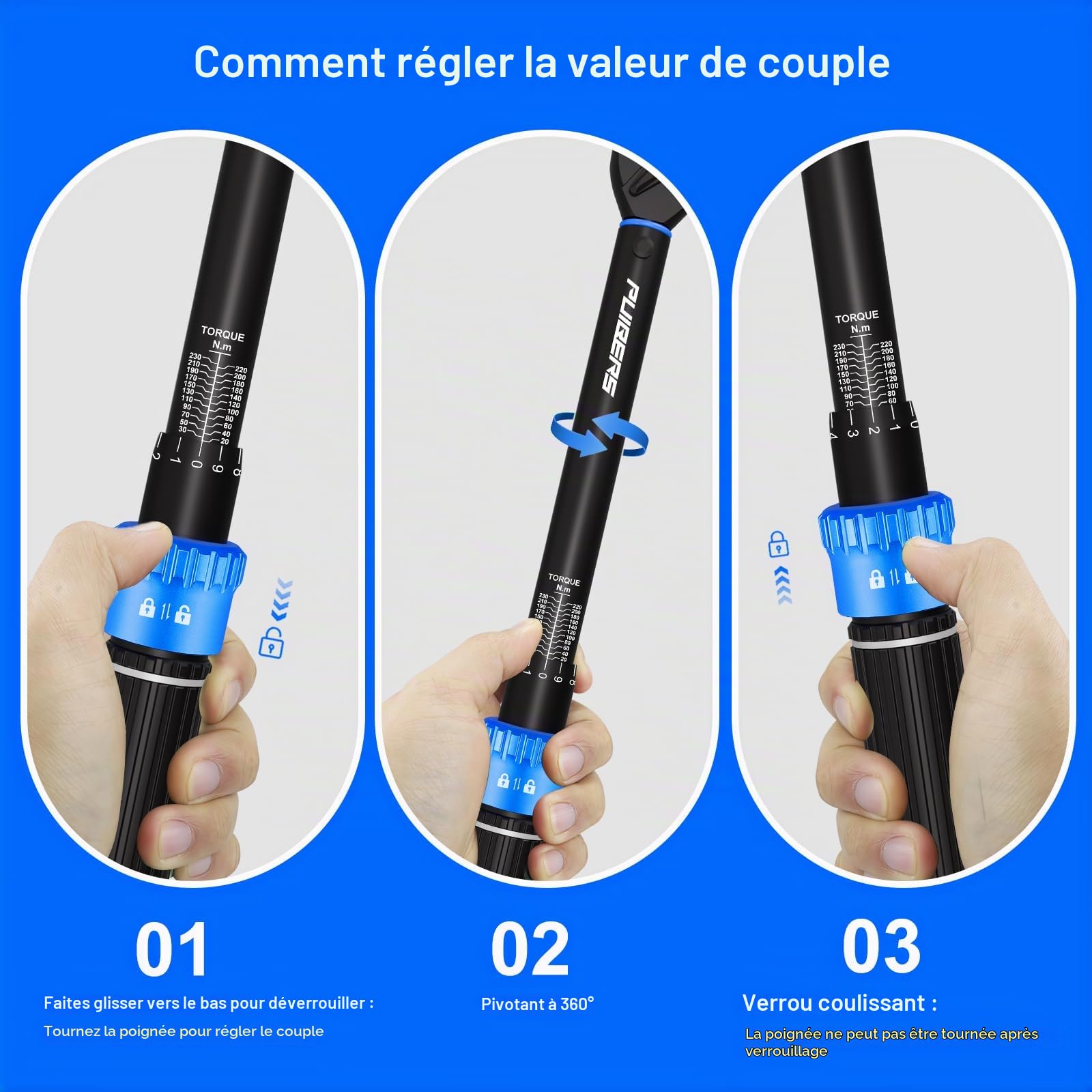 Cle Dynamometrique 1/2" Ensemble, 20–230 Nm Clé Dynamométrique Voiture, Adaptateur 3/8", Rallonge 5", Précision ±3%, 72 Dents Bidirectionnelle, pour Voitures, Motos, Camions