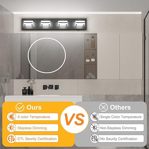 Miniatura 4 de Ralbay - Luces de tocador de baño de 5 temperaturas de color ajustables, negras, 4 luces, acrílicas, modernas, LED, mate, accesorios de iluminación