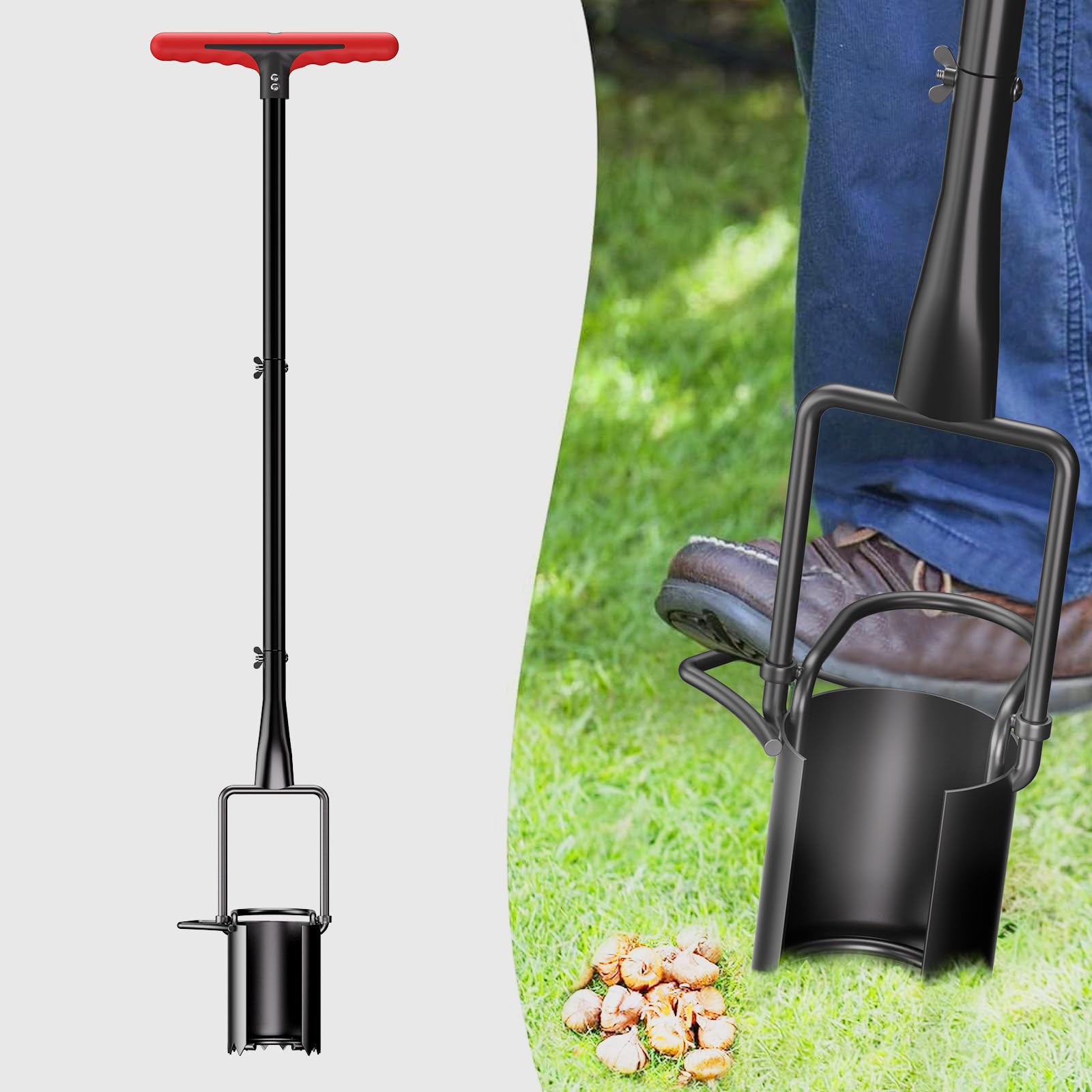 Stanley Accuscape Long-Handled Bulb Planter – Chrome Plated Steel, Step-On Side Bars, Ergonomic Curved Handle – No More Bending!