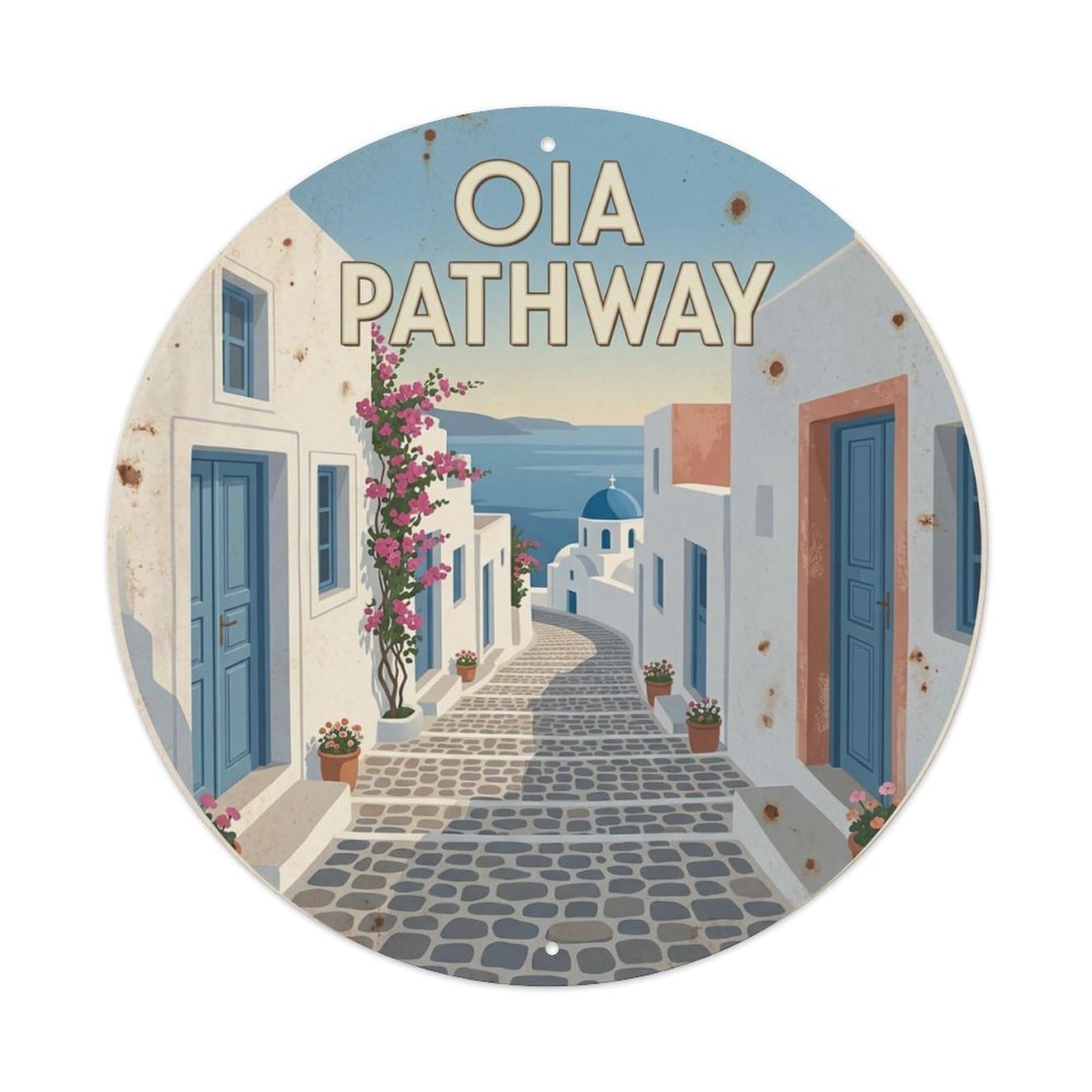 Vintage Travel Oia Santorini Pathway Metal Tin Sign