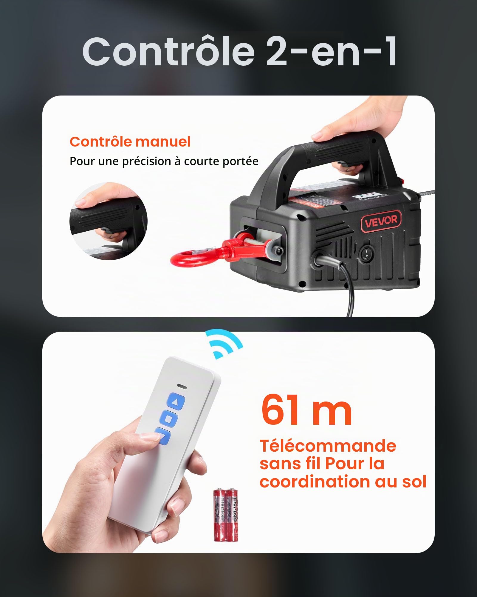 VEVOR Palan Électrique Portable 2 en 1 Treuil Électrique 500 kg Treuil de Levage 1500 W pour Usine Entrepôt Garage, Hauteur de Levage 7,6 m Vitesse 5 m/min, Commande Manuelle et Télécommande sans Fil