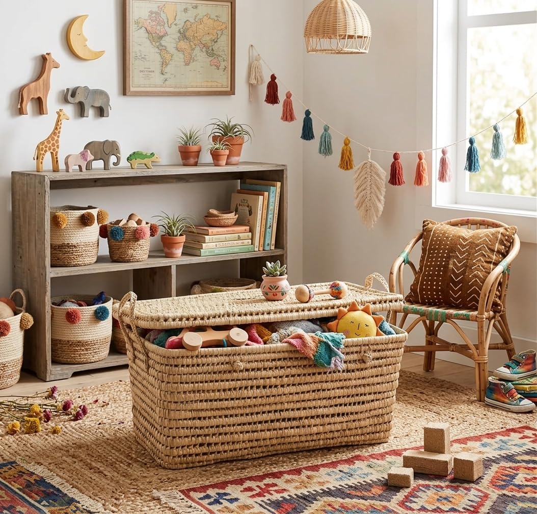 Baule Contenitore in Vimini Intrecciato, Cesto Portaoggetti, Portabiancheria, Decorazione Boho Chic (80cm)