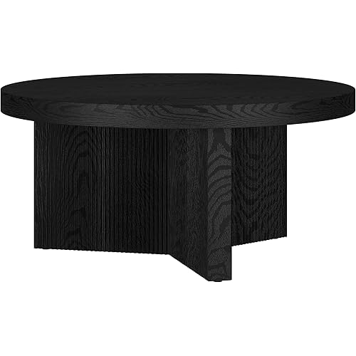 Henn&Hart 32" Wide Round Coffee Table in Natural Black, for Home, Living Room, Bedroom, Entertainment Room, Office