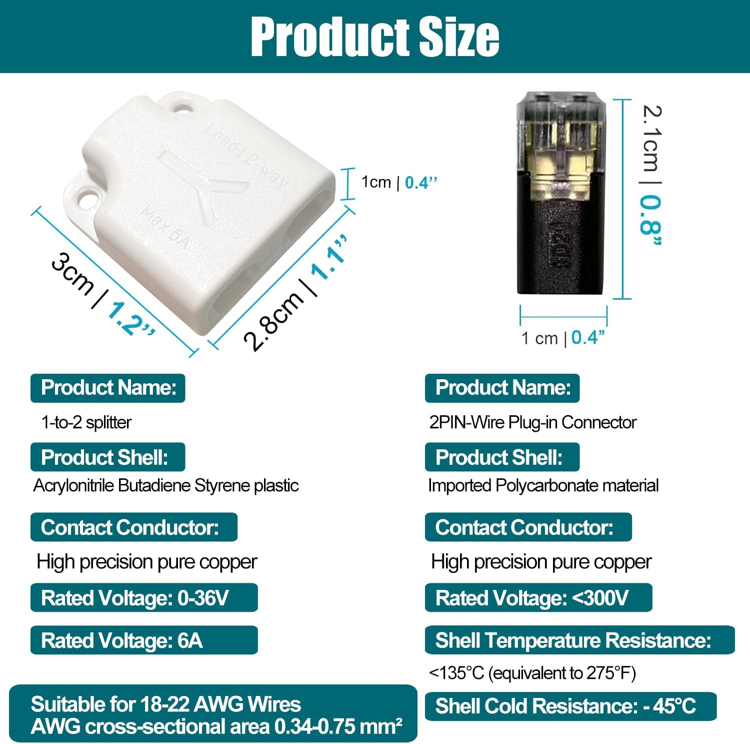 2 Pin LED Quick Connector with 1 to 2 Splitter Kit - Includes 3X Straight Connectors & 1x Branch Connector, 18-22AWG (0.35-0.75mm²), Solderless Tap Splice for LED Strip Lights- 1 Lead 2 Way