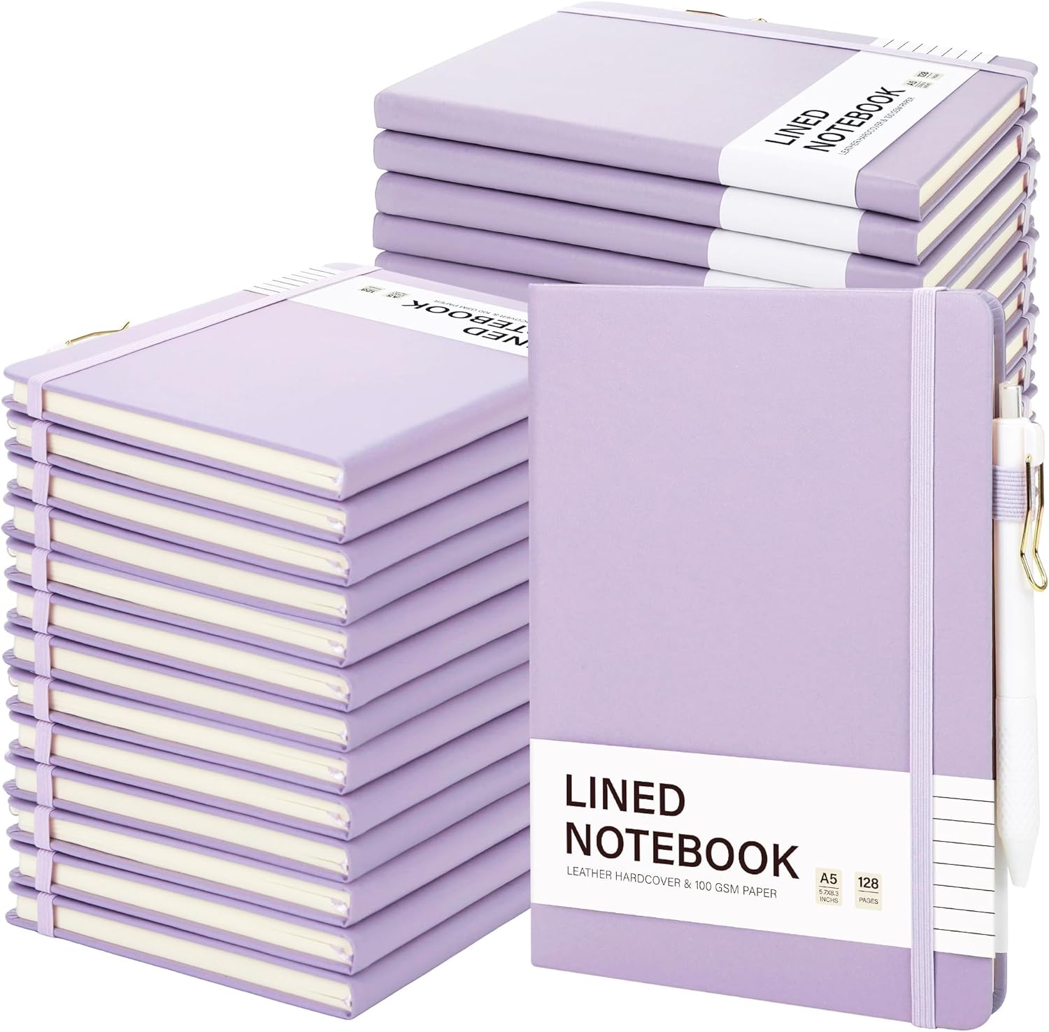 Aodaer 30 Set Lined Notebook Journals with Pens A5 Notebooks 100 GSM College Ruled Hardcover Notebook PU Leather Notepad with Pen Holder for Office School, 5.7 x 8.3 Inches, Lavender