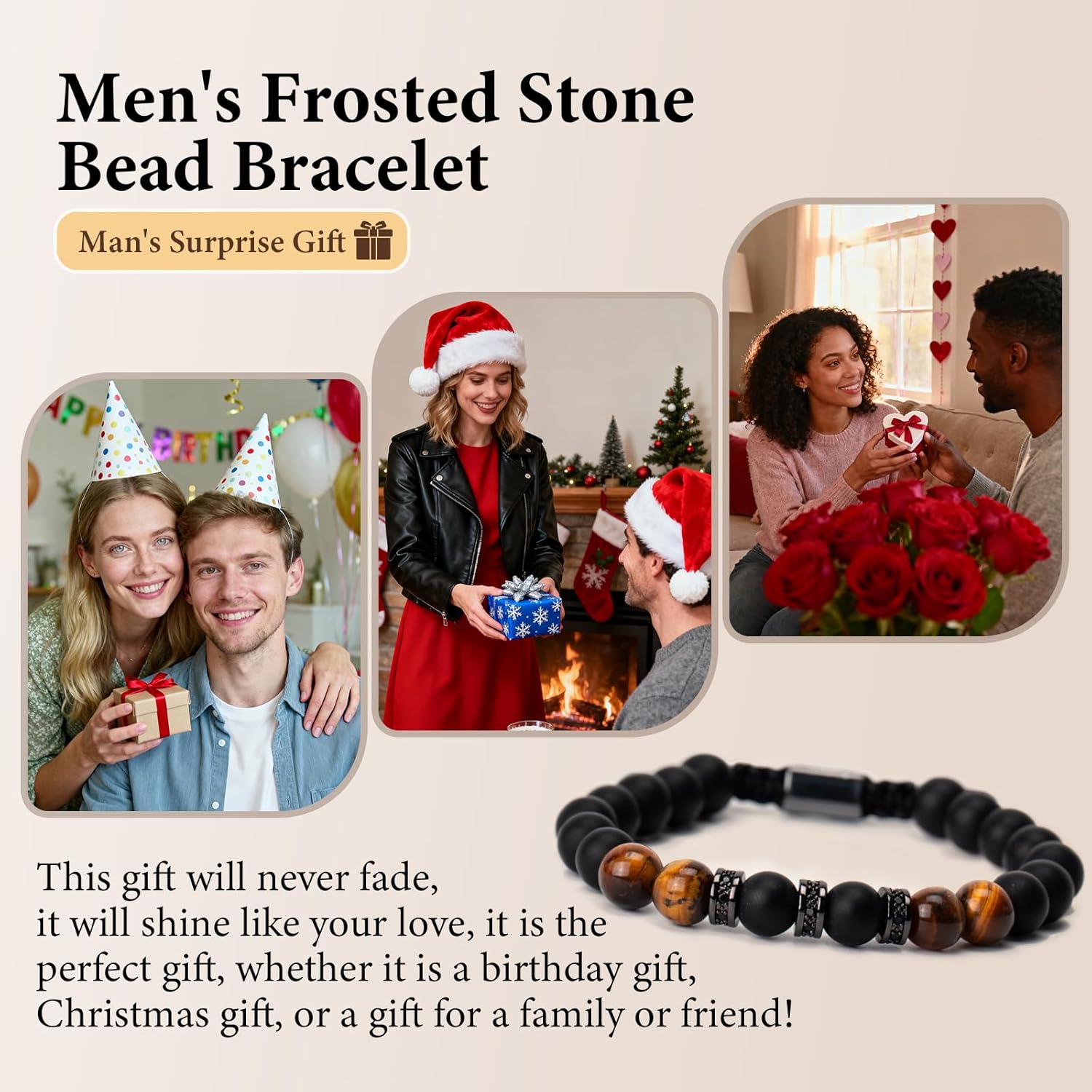 Tiger Eye Bracelet For Men Natural Stone Beads Bracelet Set Stretch Lava Rock Bracelets Adjustable Black Crystal Beaded Bracelet for Men Women Gifts - Image 5