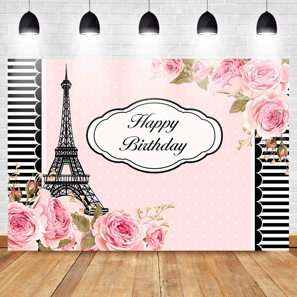 Mocsicka Happy Birthday Backdrop Paris Eiffel Tower Background Pink Flower Backdrops Black White Stripes Border Banner 7×5ft Vinyl Girl Birthday Party Photography Background