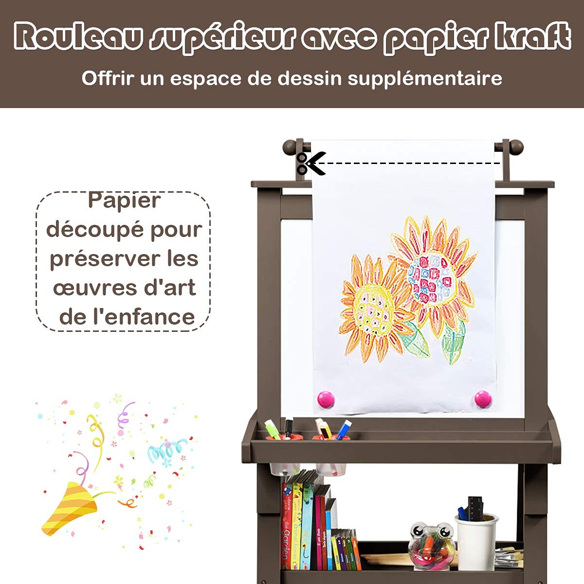 COSTWAY 3 en 1 Tableau Enfants Double Face avec Rouleau de Papier, Chevalet Enfants avec 2 Etagères et 2 Boîtes de Rangement, Structure Triangulaire, Jouet de Dessin pour Enfants de 3 Ans+