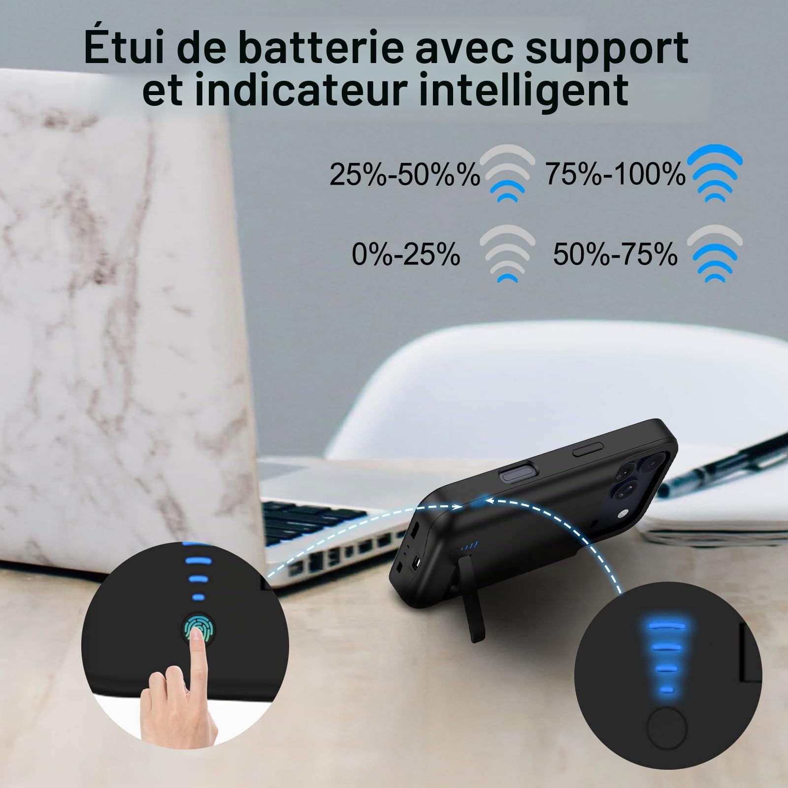 Coque Batterie pour iPhone 17 Pro Max (6.9"), Véritable 8500 mAh Coque de Charge étendue Fine Rechargeable avec Support, Protection Portable avec Batterie de Secours Noir
