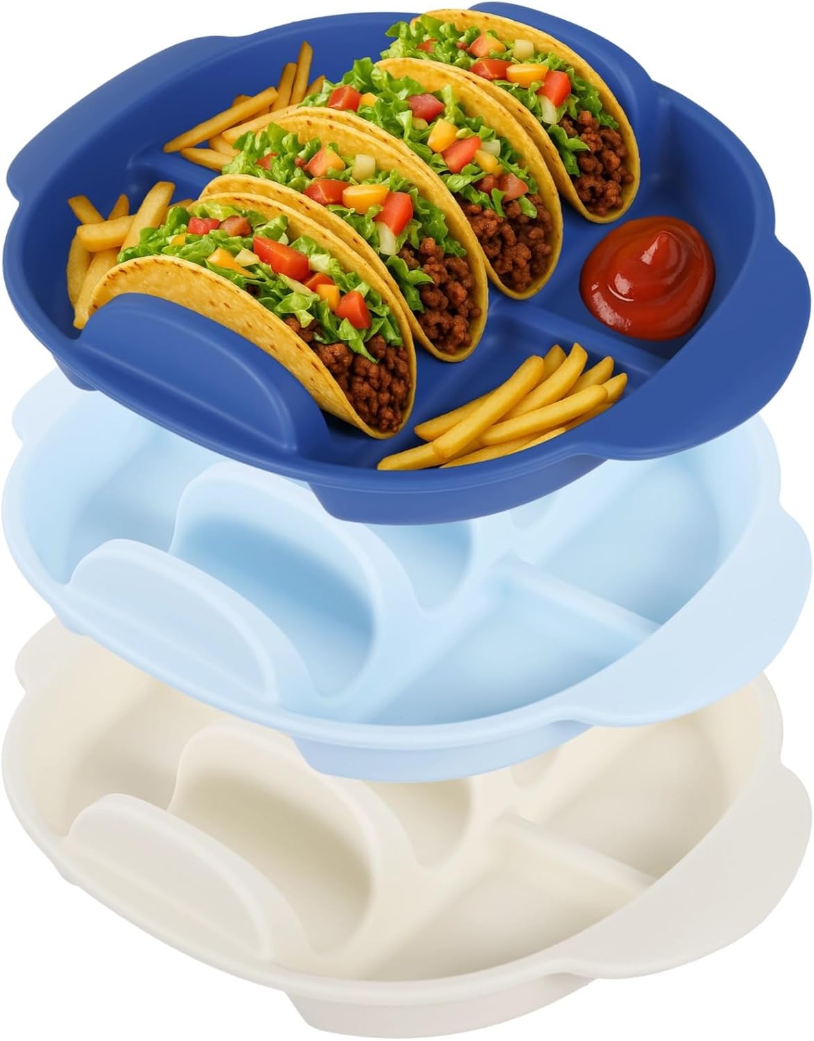 3 Pack Silicone Taco Holders with Handles, 3-Slot Reusable Taco Trays with Side Compartments for Dips & Snacks, Extra Large Taco Serving Plates for Taco Nights, Safe for Microwave & Dishwasher