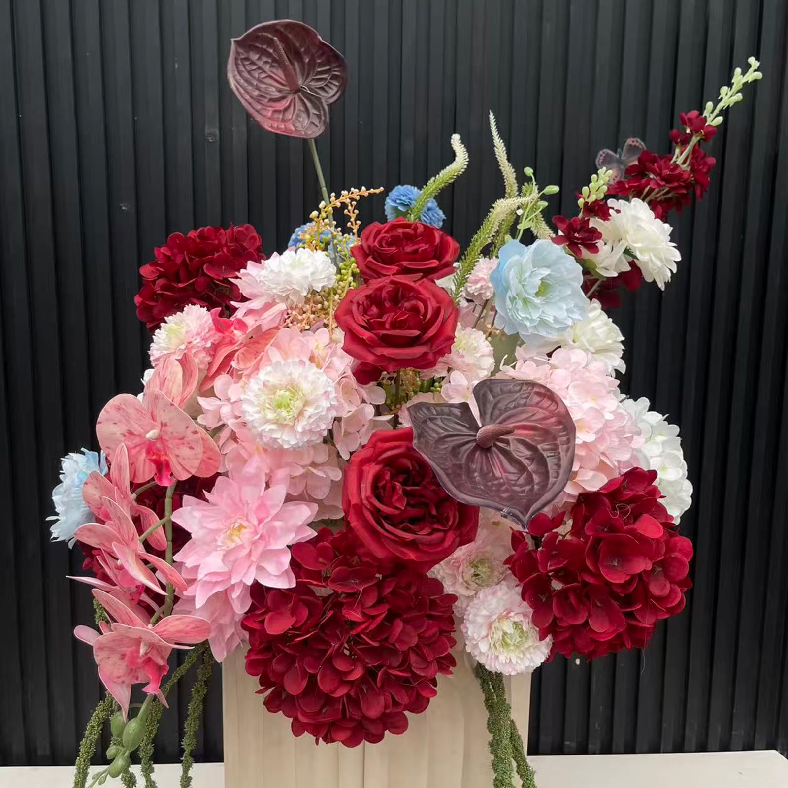 Burgundy Pink Light Blue Artificial Silk Flowers Arrangement, Fake Floral Bouquet with Roses Hydrangeas Orchids Anthuriums for Wedding Centerpieces, Bridal Shower, Party, Home Decor (Pink Red,60cm)
