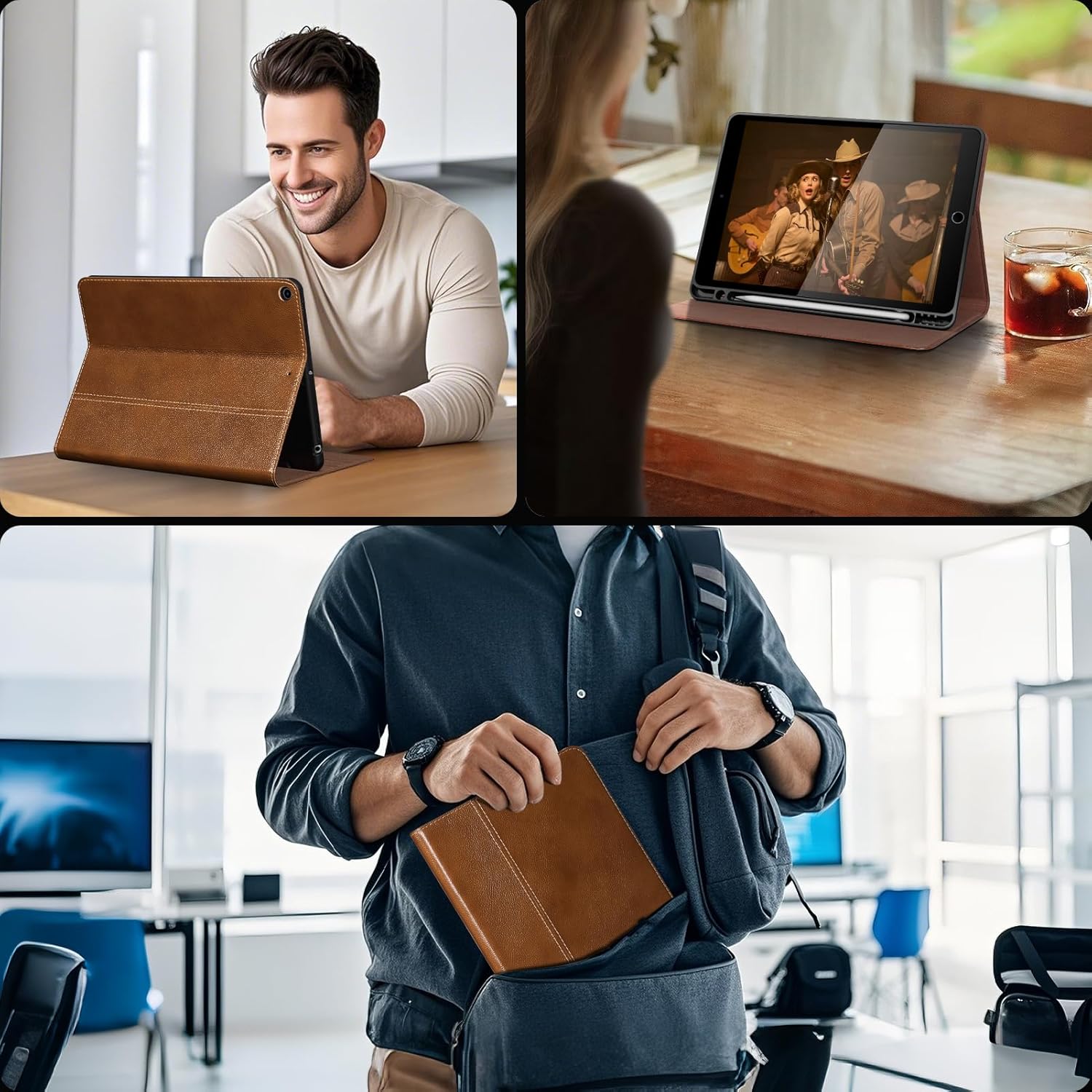 Gexmil Leather Case for iPad 10.2 Inch, 9th/8th/7th Gen 2021/2020/2019,Premium Cowhide Folio Cover with Pencil Holder, Auto Wake/Sleep,Adjustable Stand, Anti Fingerprint,Yellow Brown