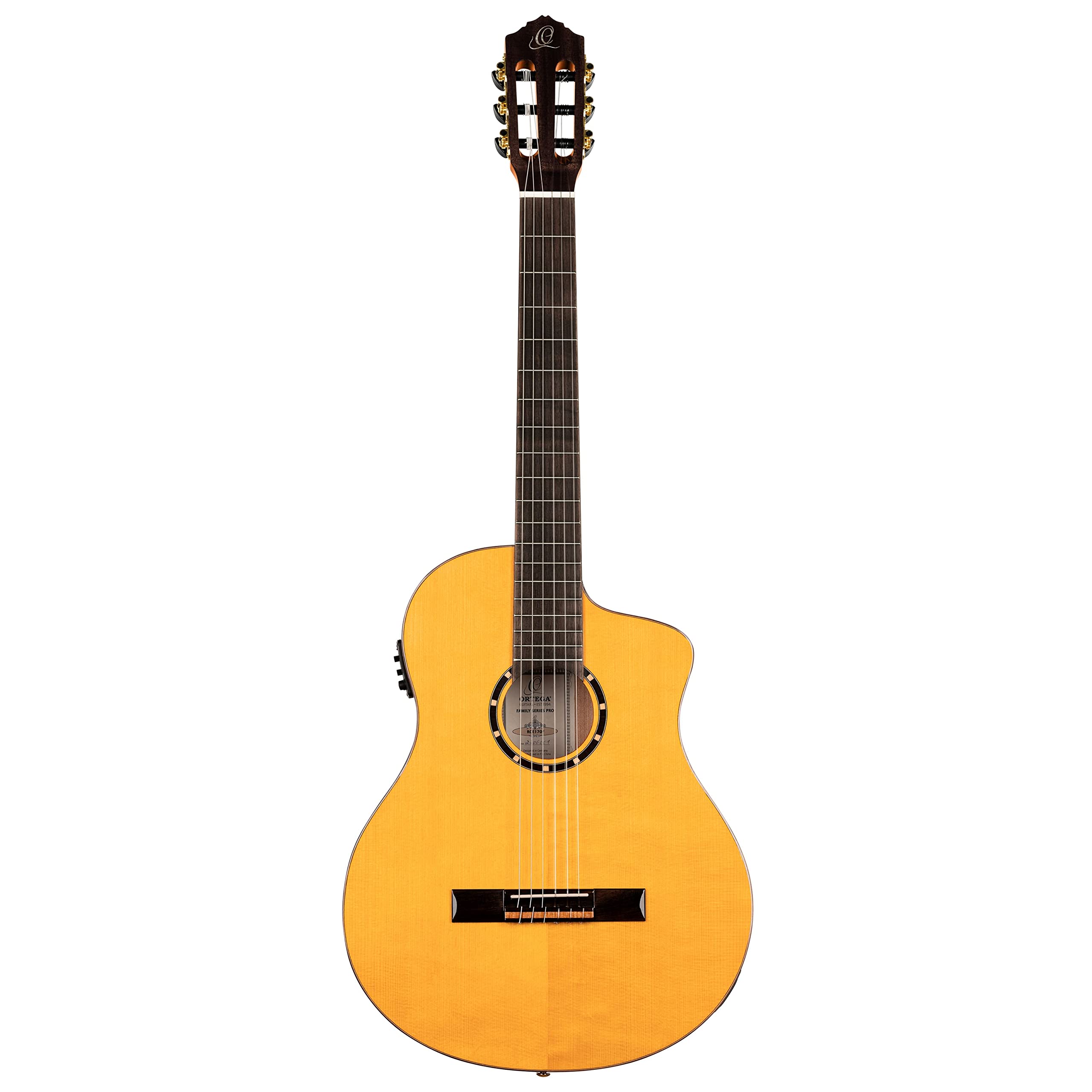 Ortega Guitars Family Series Pro - Guitarra de concierto Flamenco 4/4, electroacústica, pícea y ciprés con acabado brillante, color amarillo, incluye funda (RCE170F)