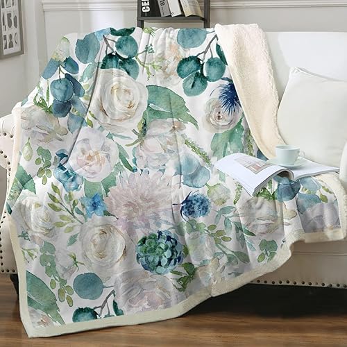 Sleepwish Manta floral de acuarela azul con flores, manta de forro polar tamaño individual (60 x 80 pulgadas), color blanco, Shabby Chic floral,