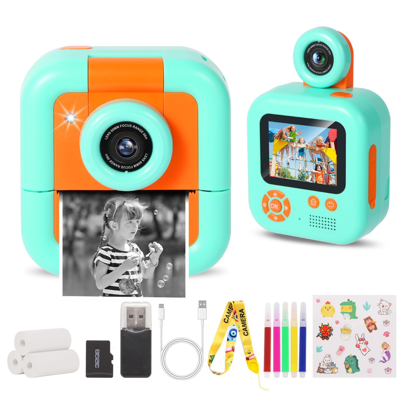 Macchina Fotografica Bambini Istantanea, ZUEOKAI 2,4" Fotocamera Istantanea Bambini con 180° Flip Obiettivo e 3 Stampa Carta, Fotocamera bambini con 32GB, Regalo Bambina Bambino 3 4 5 6 7 8 9 10 anni