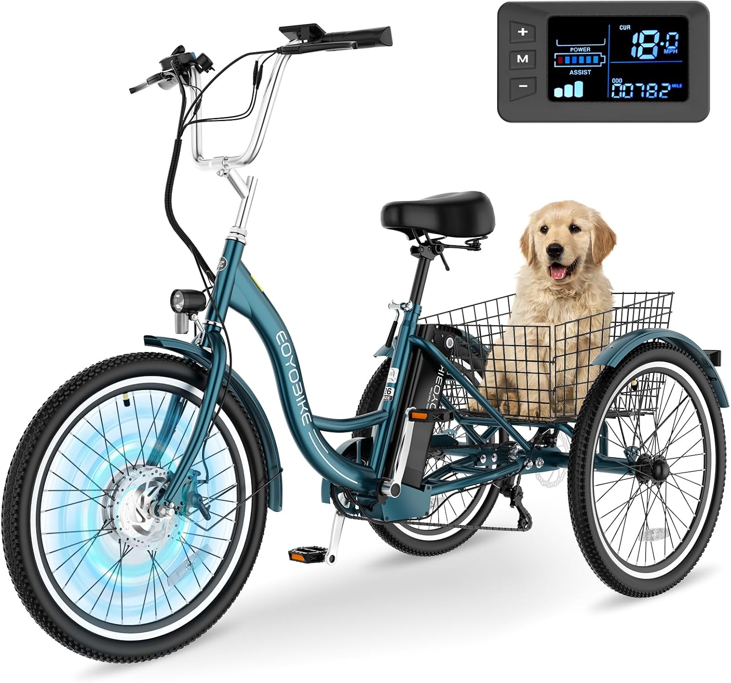 MOONCOOL Electric Tricycle for Adults, 350W 36V Removable Battery, 7 Speeds 3 Wheels Electric Trikes with Large Basket Up to 60Miles