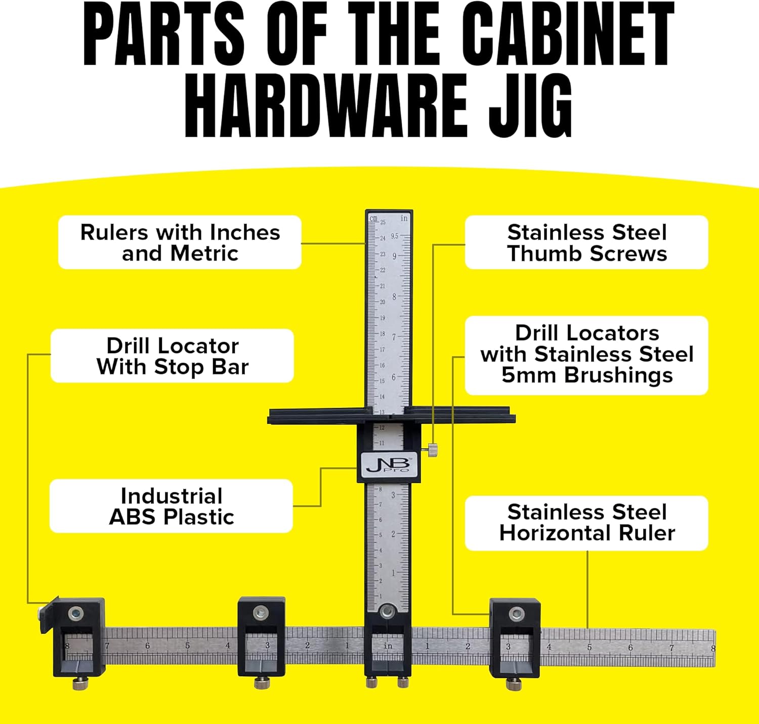 JNB Pro Cabinet Hardware Jig with Center Drill Guide, Hole Drilling for Drawer Handles and Pulls, Easy Install Tool - Full Aluminum Body with Free Carrying Case