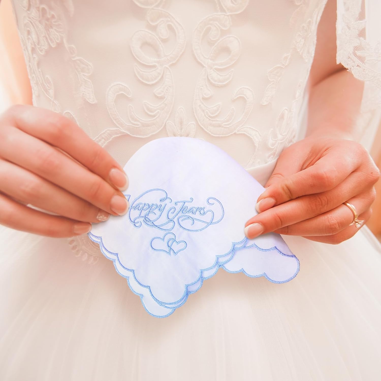 Embroidered Wedding Handkerchiefs Happy Tears Handkerchiefs with Scallop Lace Edges for Wedding Day Bride - Image 4