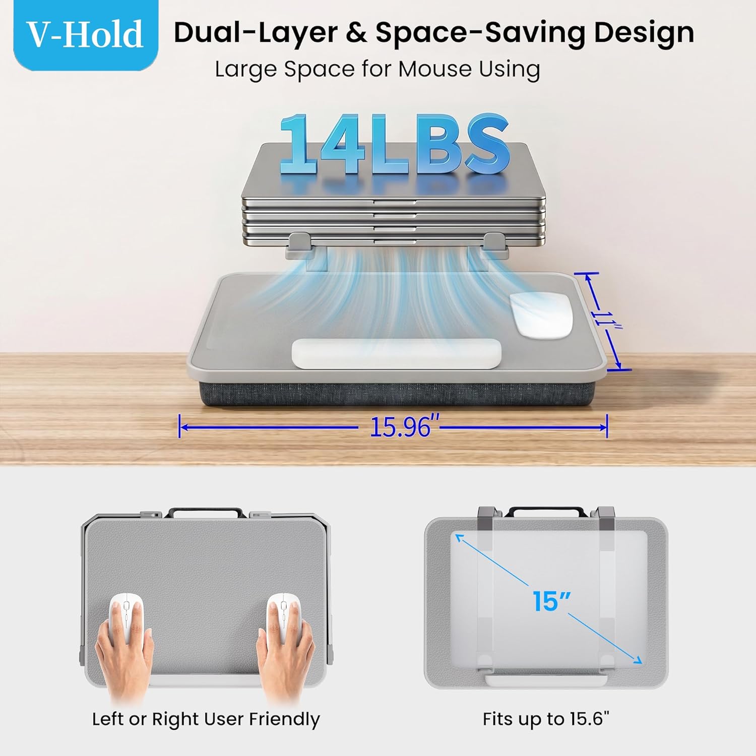 V-Hold Laptop Lap Desk with Foldable Stand, Lightweight Laptop Stand for Bed, Fits up to 15.6" Laptops & MacBook, Lightweight Lap Tray Table with Pillow Cushion for Bed & Couch