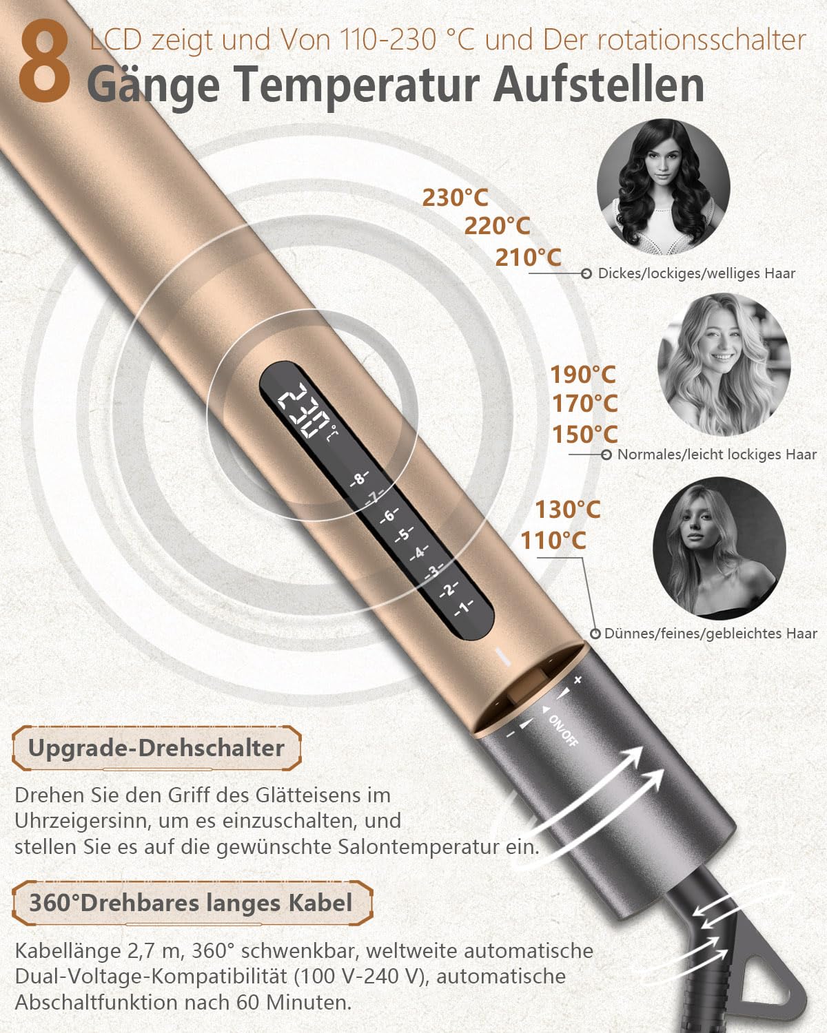 KUSNCA Ionen Glätteisen, 2 IN 1 Haarglätter Locken und Glätten | Doppelseitige Ionentechnologie und Keramikplatte, Anti-Frizz-und Glanz-Effekt,Temperatur(110-230℃)Heim-und Reisepaket,Gold