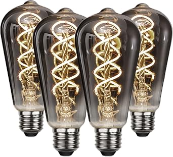 ST64 Vintage Edison Filament Light Bulb, Warm White Antique Flexible Spiral LED Filament Light Bulb, E26 Base Smoky Grey Glass Finishing, Dimmable Chandelier Vintage Fixture 4 Pack