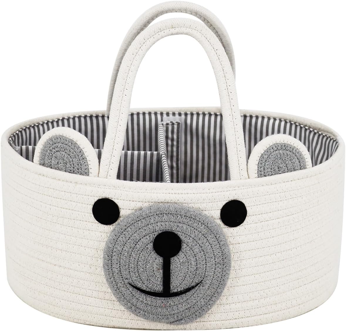 Home & Tots Baby Diaper Caddy Organizer, Cotton Rope Nursery Storage Basket for Diapers, Wipes & More, Gift for Baby Shower, Portable Organizer for Changing Table, Bear Design (Large Size - White)