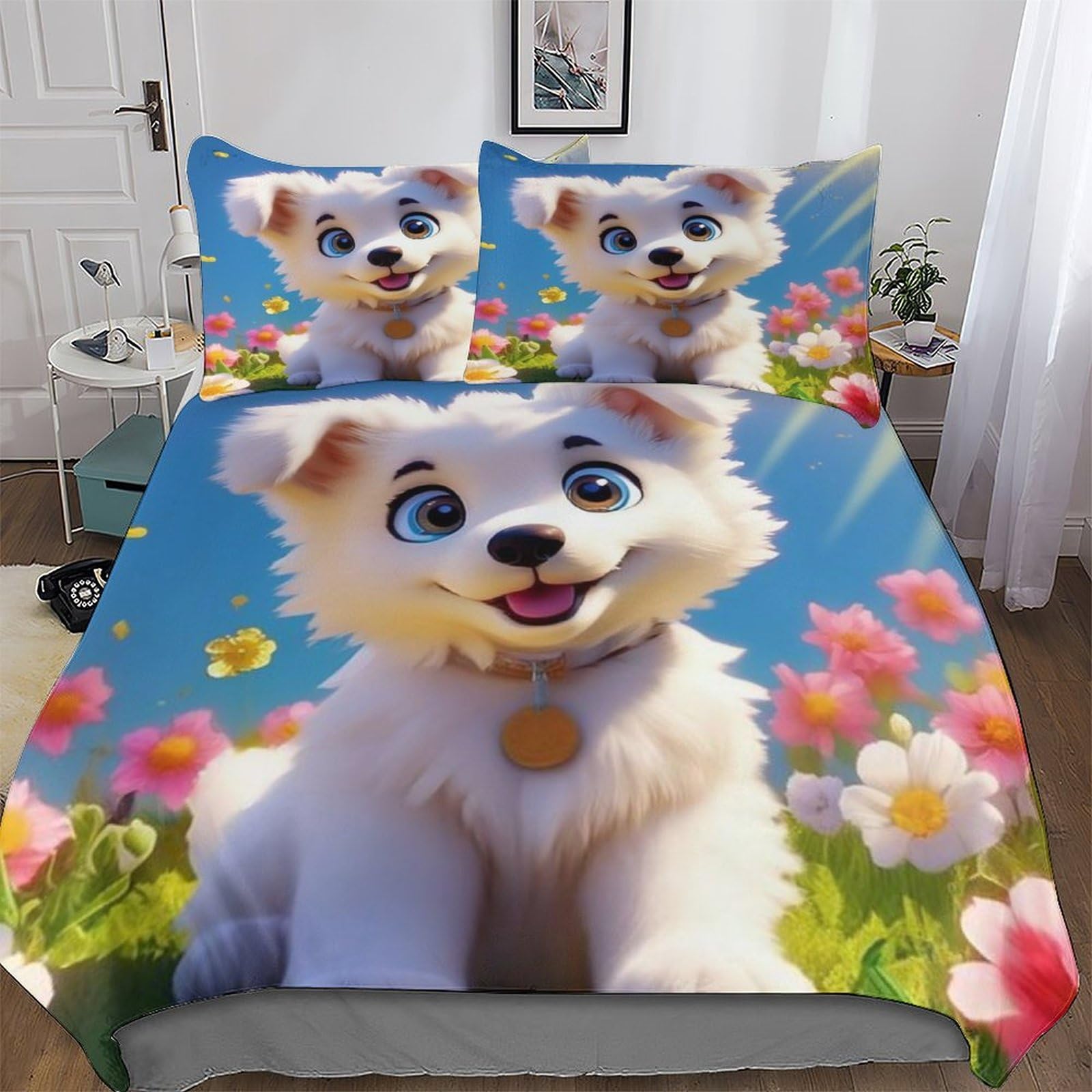 Housse de couette king size motif chien parure de lit 3 pièces anti-plis
