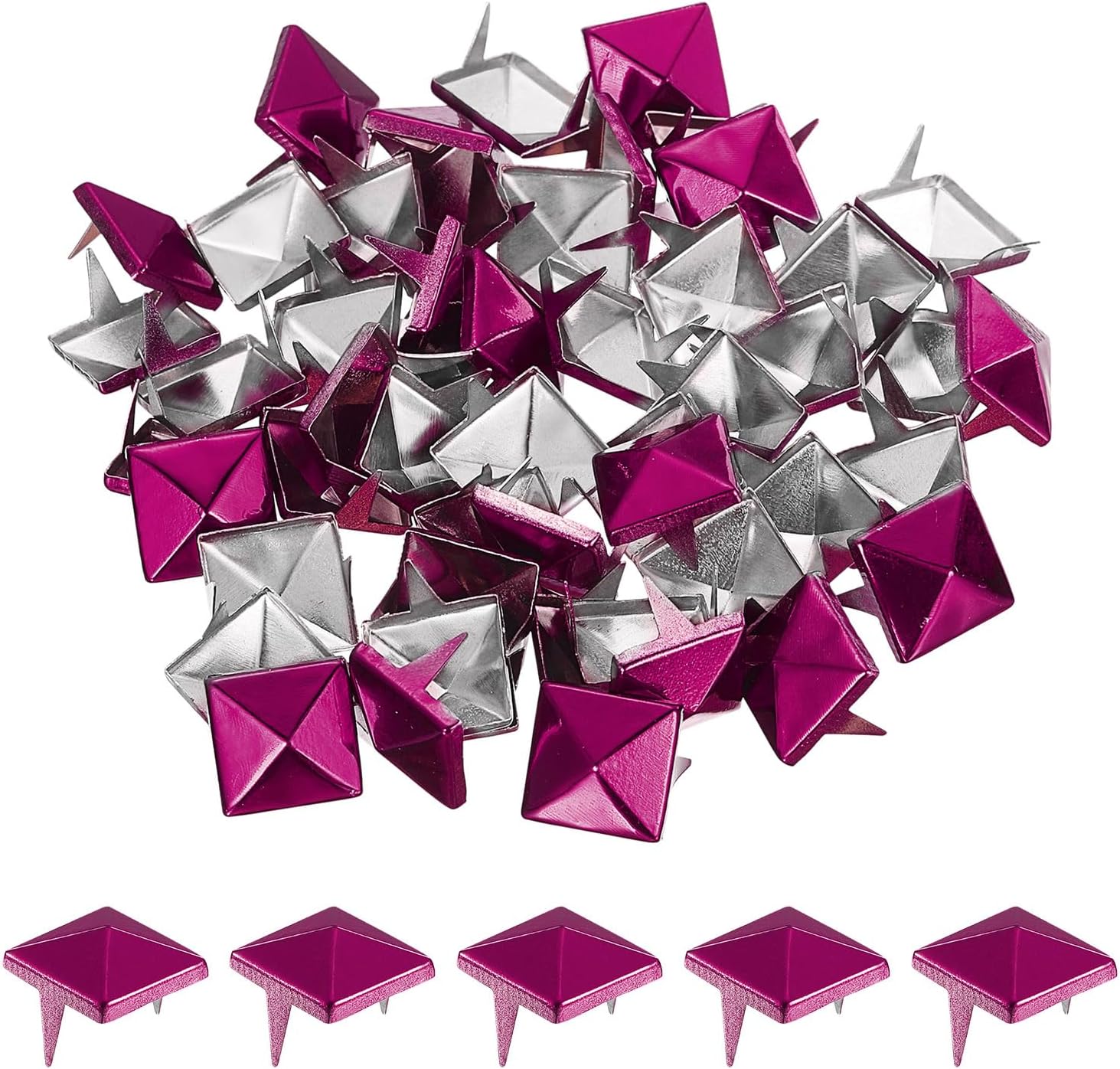 QUARKZMAN Pack of 50 Square Pyramid Rivets, 10 mm Four-Claw Studs Spikes, Copper Punk Rock Nailhead Spots for Clothes, Bag, Leather, Shoes (Rose Red)
