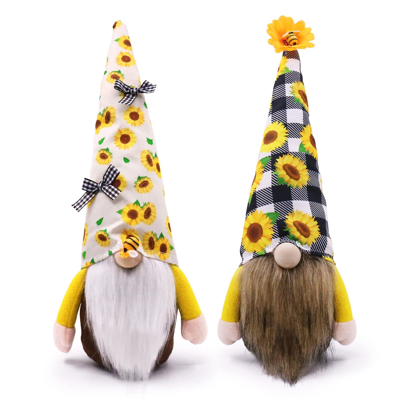 Sunflower Farmhouse Gnomes Fall Buffalo Plaid Bows Elf Tiered Tray Kitchen Table Decor Rustic Swedish Tomte Plush Ornaments Thanksgiving Idea Set of 2