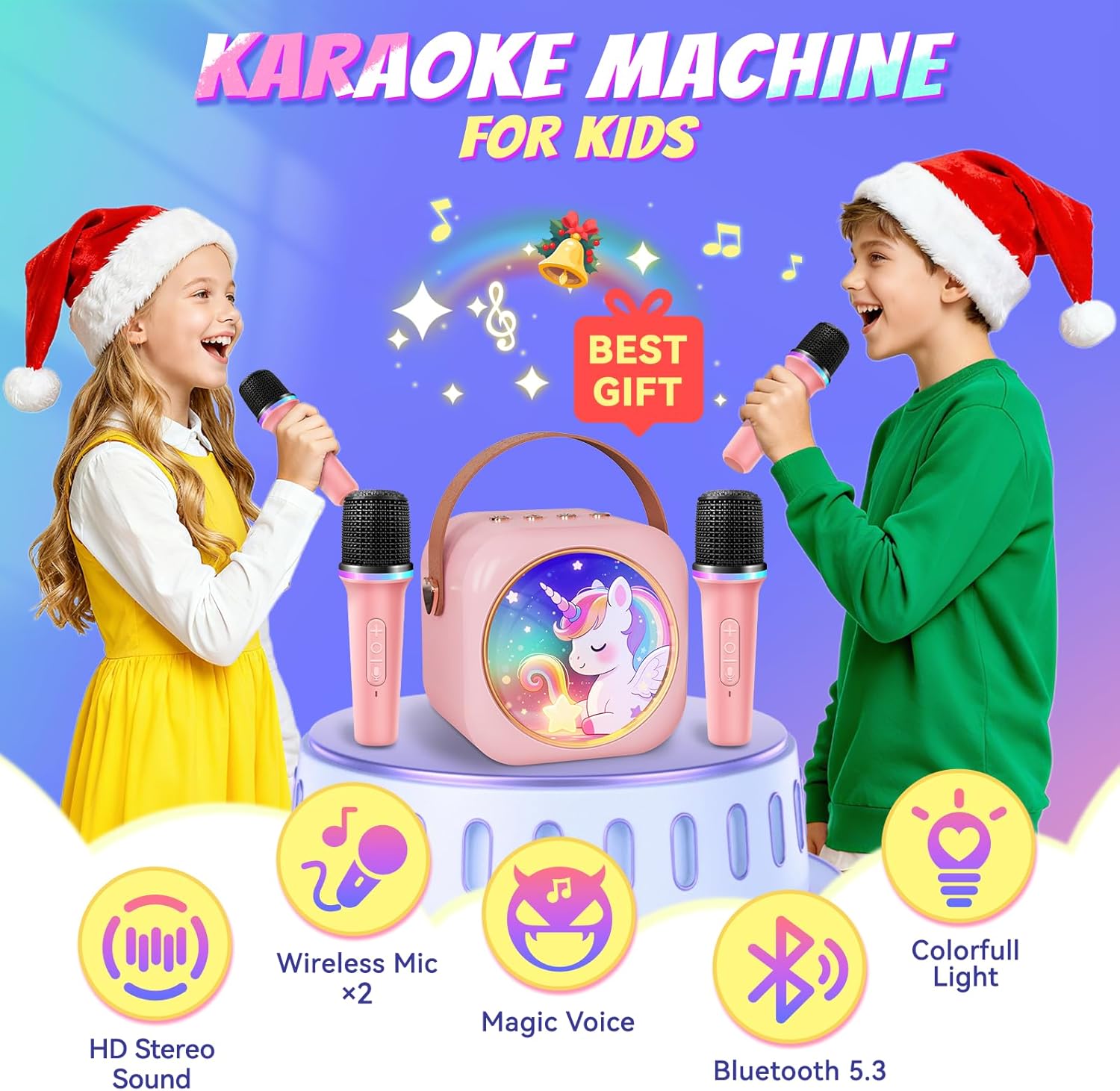 Mini Karaoke Machine with 2 Wireless Microphones,Gift for 3-12 Years Old, 2026 Best Christmas Birthday Toy for Girls Boys Party (Pink) - Image 2
