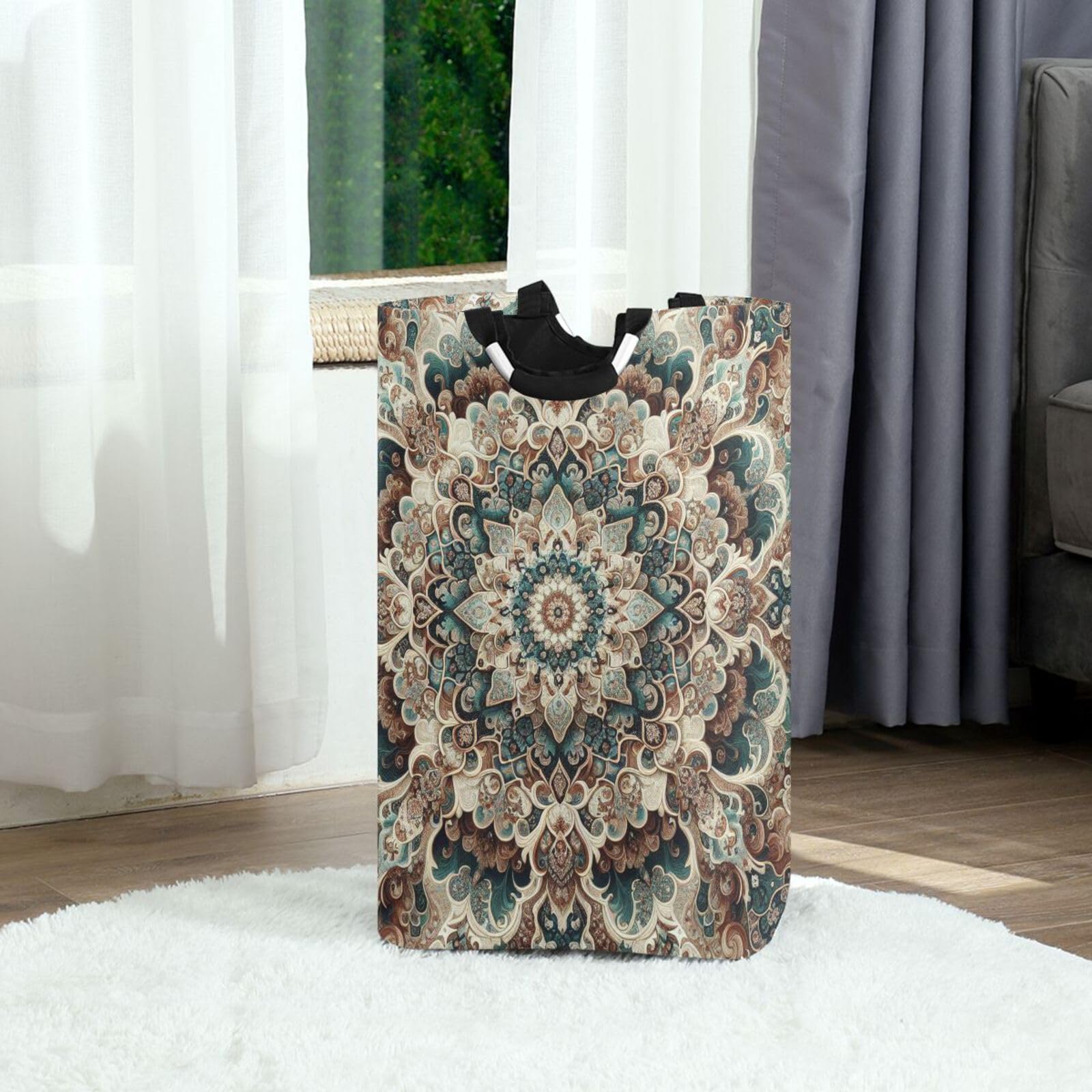 Jihqo Laundry Hamper Basket Brown Mandala Collapsible Nursery Storage Bin Waterproof Clothing Baskets for Home Bedroom Bathroom Washing Room