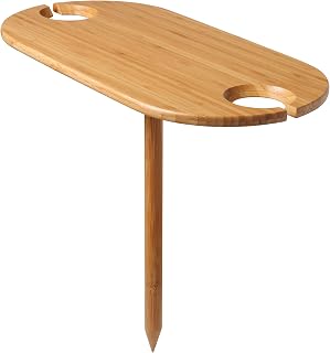 Tovolo Outdoor Wine Holder Bamboo Table, Holds 2 Wine Glasses, Collapsible Table With Ground Stake, Outdoor Wood Table & Wine Glass Holder for Outdoor Entertaining