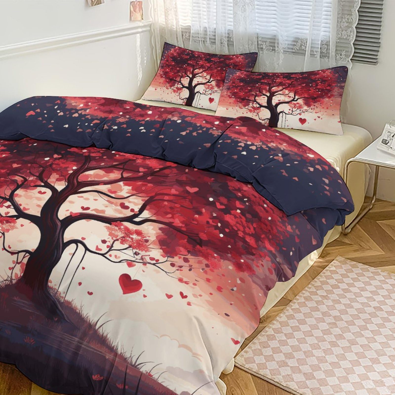Couette pour grand lit et ses taies d'oreiller motif arbre d'amour pour une chambre chaleureuse