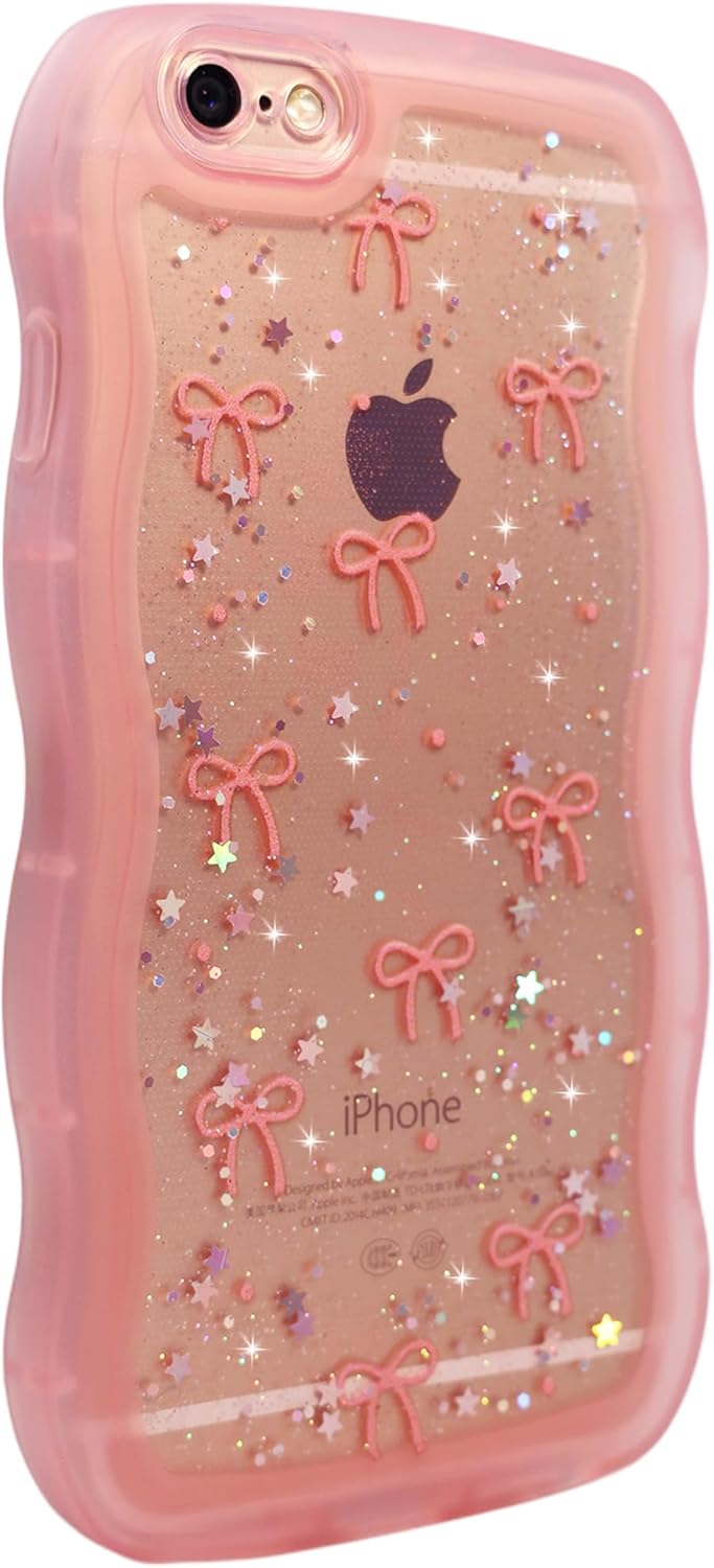 Qokey for iPhone 6/6S Case, Glitter Star & Curved Edge Handle Grip Design, Military-Grade Shockproof Clear TPU Cover, Sparkle Protection Scratch-Resistant, Holographic Pink Bow - Image 3