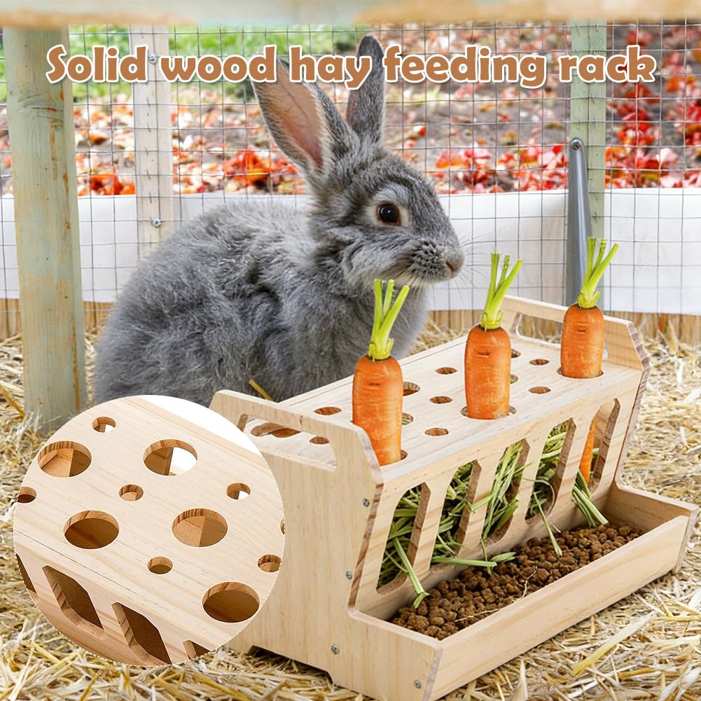 Gran comedero para conejos y cobayas, accesorios para conejos, comederos con soporte para zanahorias de madera natural sin tratar, 30 x 22 x 18 cm, comedero para conejos, accesorios para cobayas