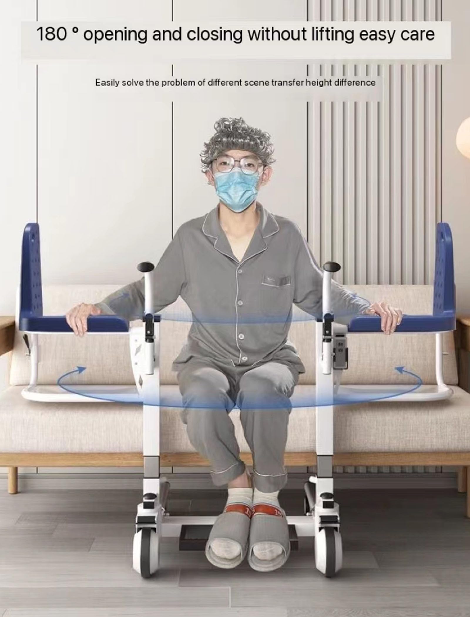 Elektryczny wózek inwalidzki do przenoszenia pacjenta, podnośnik pacjenta do domu, dzielone siedzisko 180° z nocnikami, komoda przy łóżku dla osób starszych (Blue)