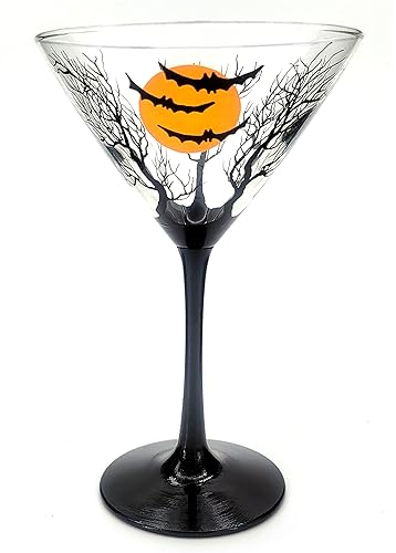 Miniatura 1 de Halloween Spooky Tree Themed Martini Glass - Hand Painted - Witch, Bats, Cat, Ghost, Pumpkin, Spider, Moon
