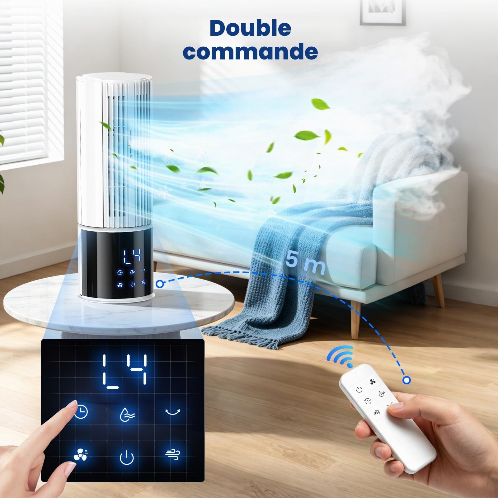 Climatiseur mobile 6en1, refroidisseur d'air avec 3 vitesses, mode turbo, soufflerie douce, fonction brume et minuterie (1-8 h), oscillation 45°/90°, parfait pour la maison et le bureau (Blanc clair)