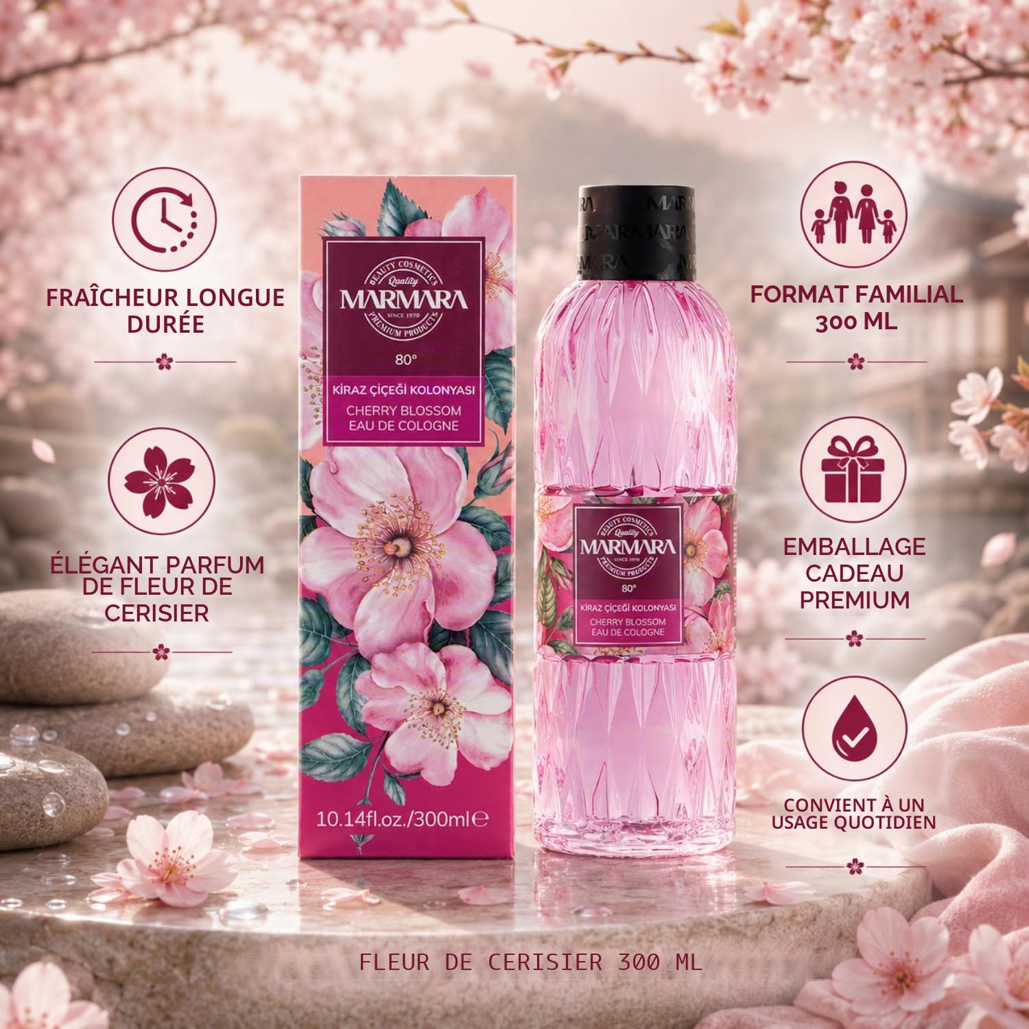 MARMARA BEAUTY Eau de Cologne Fleurs de cerisier 300 ml – Alcool 80° – Parfum rafraîchissant pour femme – Eau parfumée pour femme – Rafraîchit – Fraîcheur & Fleuri – EDC Women – Eau de Cologne