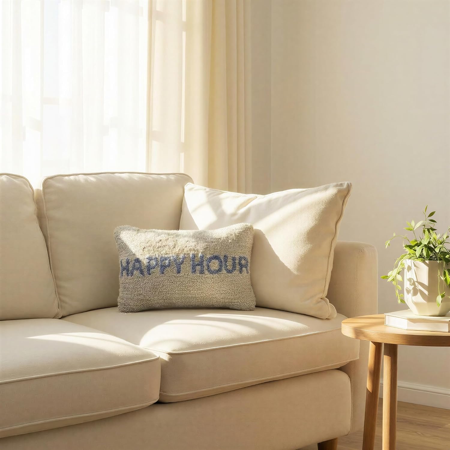Creative Co-Op Cotton Tufted Lumbar Pillow “Happy Hour”, Natural and Blue