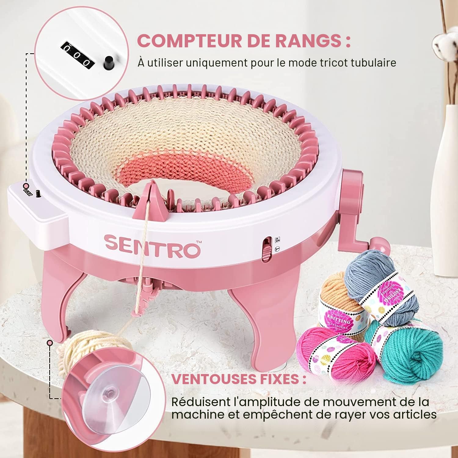 Zcvtbye SENTRO Machine à tricoter, 48 aiguilles tisser rond, machines planche tricoter rotative double kit de pour adultes/enfants, bricolage, écharpe, chapeau, chaussettes