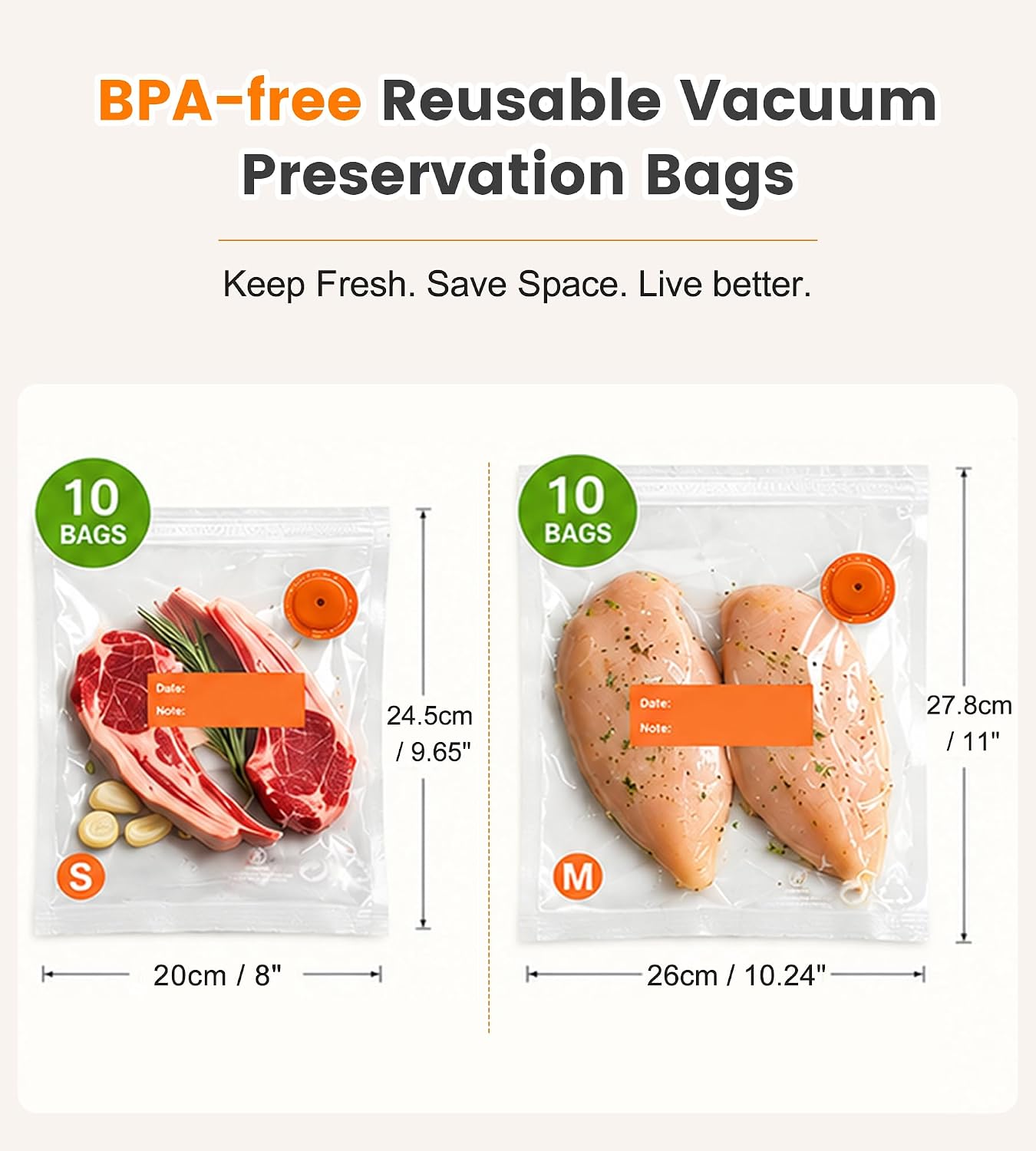 20pcs Vacuum Reusable Sous Vide Bags for food, BPA-Free, Sous Vide & Meal Prep Food Sealer Storage Bags for 6X Preservation & Fresh Long‌‌