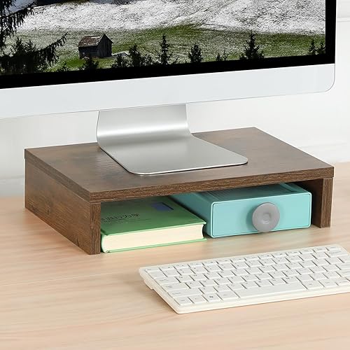 Miniatura 7 de TEAMIX Soporte elevador para monitor de 14.2 pulgadas, soporte de monitor de madera marrón rústico con almacenamiento para escritorio, soporte de