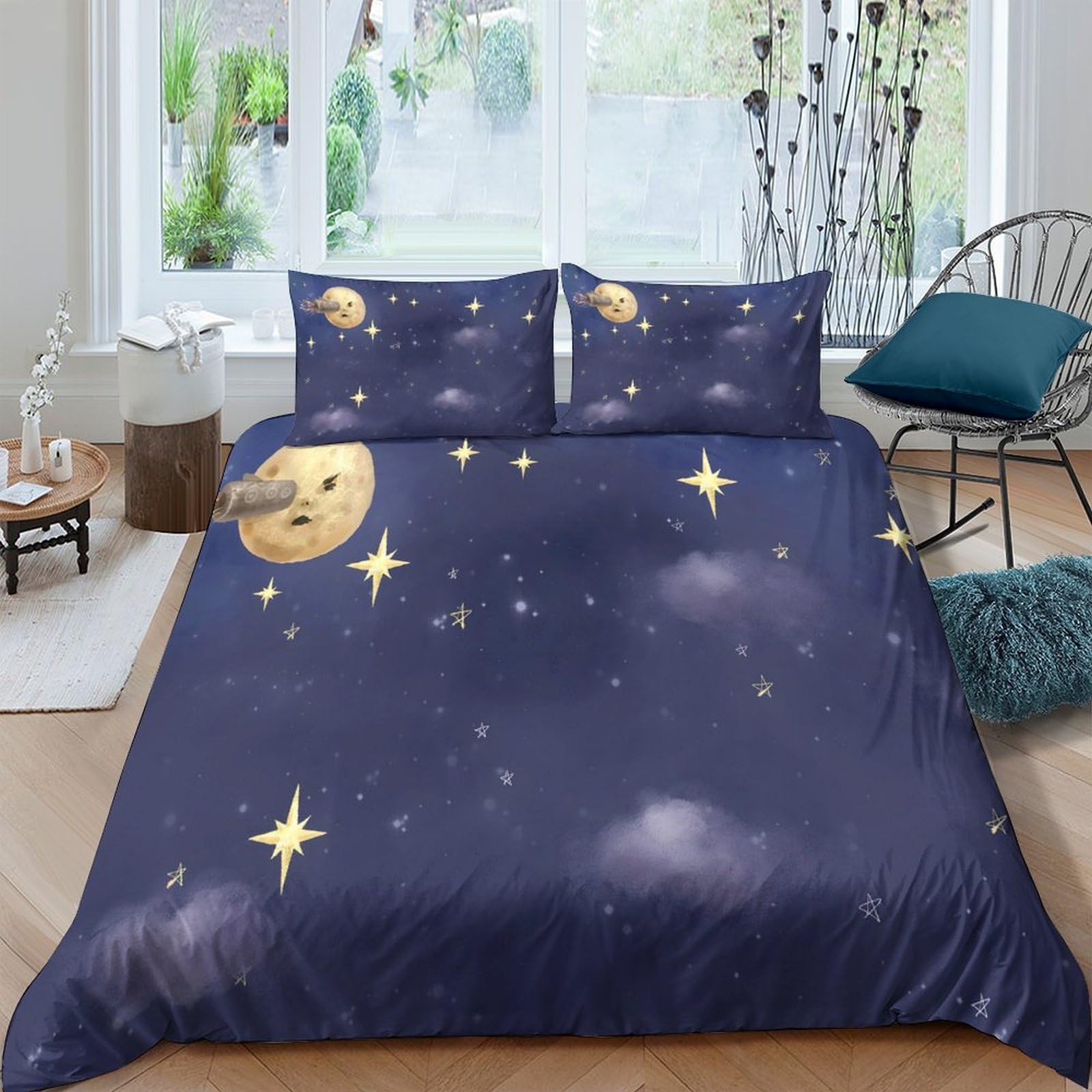 Ctjqhvkz Style-8 3D Printed Moon Starry Sky Fitted Sheet Microfiber Soft Navy Mattress Cover Bedroom Decor Dustproof Washable Single（135X200cm）
